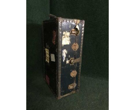 An early 20th century metal bound trunk, vintage rules and painted wooden tool box 
