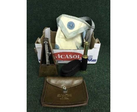 A box of Freemasons regalia, metronome, pocket telescope in case 