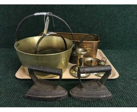 Two copper jam pans, copper trough, flat irons, oil can etc 