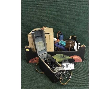 A typewriter and a box of Emgui projector, electric drill etc 