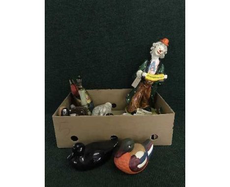 A box of clown figure, duck ornaments, hip flask, Jasperware lighter, miniature oriental vases etc 