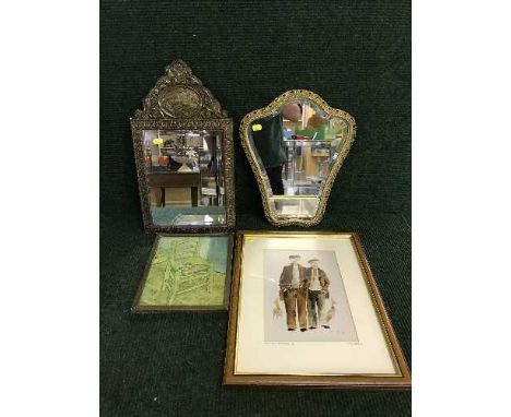 A mahogany framed signed print - Northumbrian Pit Men by T McCardle, framed print, framed copper embossed mirror and one furt