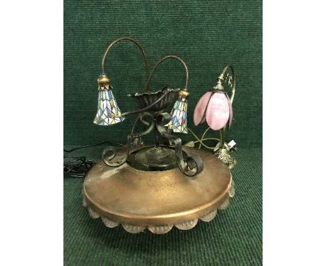 A metal and copper light fitting and two Tiffany style lamps 