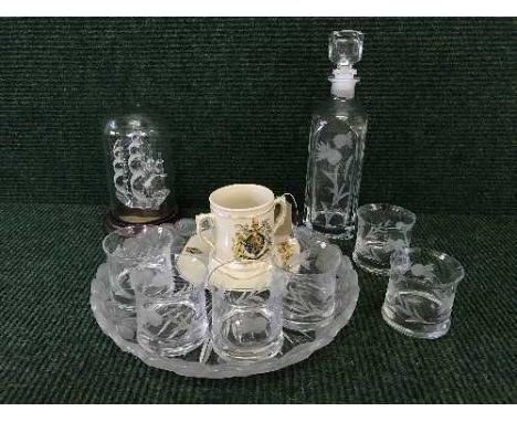 A tray of Glen Eagles crystal decanter with six glasses, Mary Rose ship in bottle, commemorative two handled mug etc 