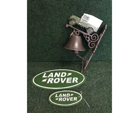 Cast metal wall bracket with bell - Landrover, together with two cast metal plaques (3)