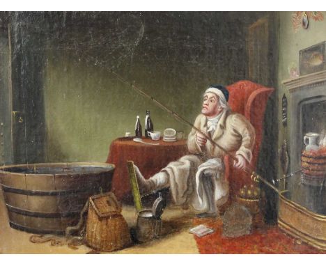 English School (19th Century)Interior scene with figure, fishing rod and large staved bathOil on canvas, 22cm by 28.5cmLined,