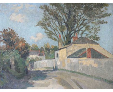Manner of Robert Langley Hutton (1883-1919)Sun-dappled houses and a figure on a country road Oil on canvas, 51cm by 66cm (unf