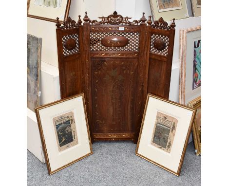 A Brass Inlaid Folding Fire Screen, and a pair of decorative Persian watercolours (3)