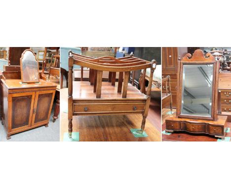 A Small Mahogany Two Door Chiffonier, 72cm by 42cm by 90cm; together with a mahogany canterbury, a reproduction walnut dressi