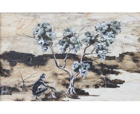 Ngainmirra, Wesley (1961-2007, Aboriginal Australian)Australian Northern territory landscape, with Aboriginal figure, campfir