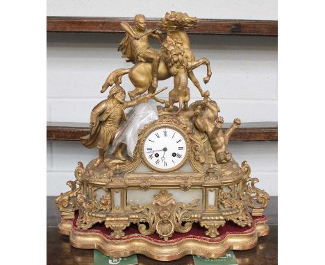A French Gilt Metal and Alabaster Striking Mantle Clock, circa 1890, case elaboratley decorated with a figure on horse back, 