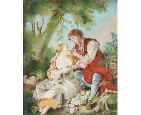 Julien E* L* Lanet (19th Century) Courting couple with doves, after Boucher's "La Cage"Oil on panel, 26cm by 20.5cm; together