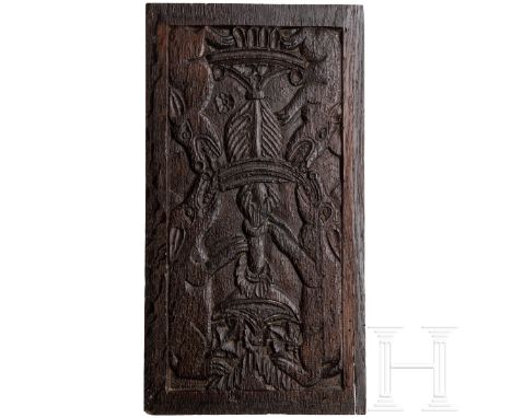 Reliefiertes Möbelpanel, England, 16. Jhdt.  Rechteckige Tafel aus Eichenholz mit vier eine Fantasiesäule flankierenden Wölfe