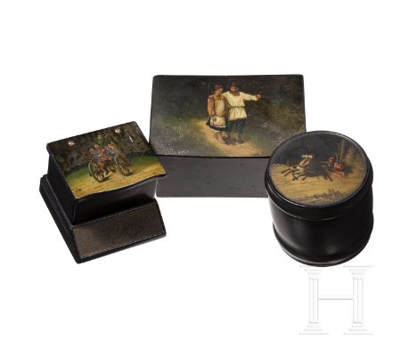 Lackdose, Teedose und Streichholzkästchen, Russland, Ostaschkowo, Werkstatt Osip F. Wischnjakow mit Söhnen, 1882 - 1885 bzw. 