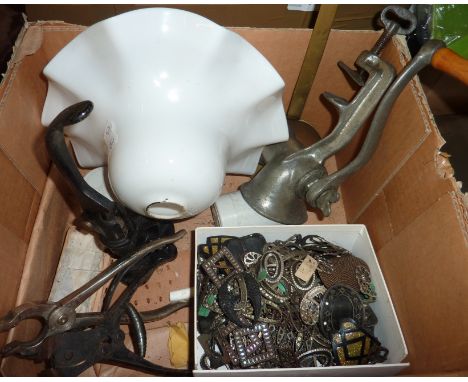 Glass lampshade, assorted cobblers tools, shoe buckles etc