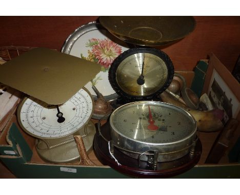 2 sets of Salter scales, Reuben Heaton spring balance scales, casters etc