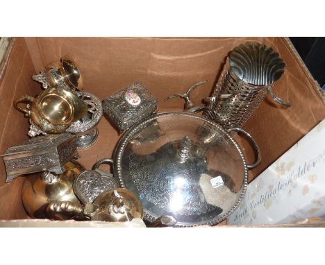 White metal trinket boxes, silver plated cream and sugar bowl etc