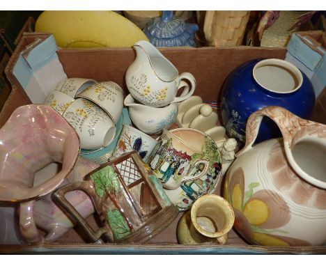 'Welsh' characters cup and saucer, Crown Devon Fieldings ginger jar, Myott jug, Radford tankard etc