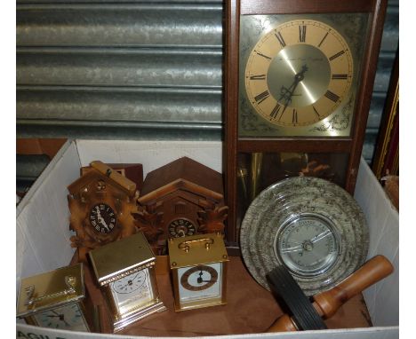 2 cuckoo clocks, 3 carriage clocks, barometer, wall clock etc