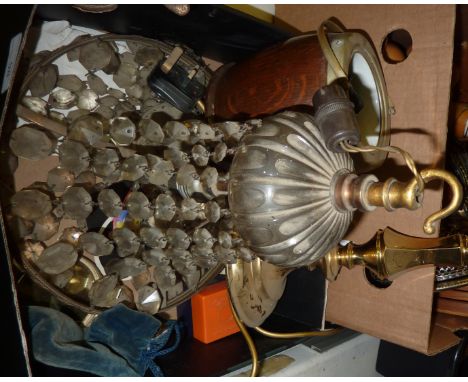 Brass table lamp, wooden ice bucket, glass hanging chandelier etc
