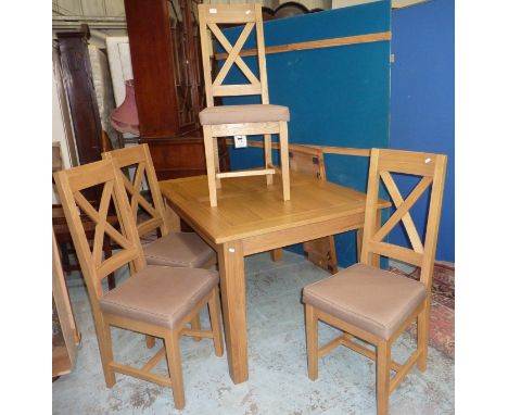 Quality modern light oak extending table with additional leaf and a set of 4 chairs with loose cushions (as new)
