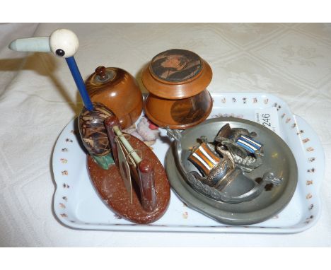 Mauchline ware pin cushion, retro bridge counter, pewter galleon etc