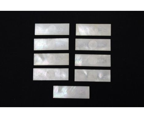 Nine rectangular mother of pearl gaming counters with initial M and floral decoration