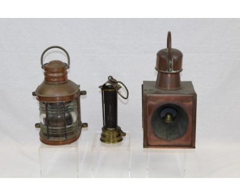 Antique copper ships' bulkhead lamp of square form with surmounting ring handle, 37cm high, together with two other ships' la