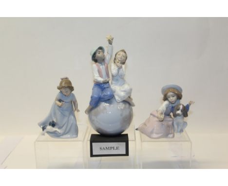 Two Lladro porcelain figures - boy and girl sitting on World globe and girl with dog, plus three Nao figures (5)