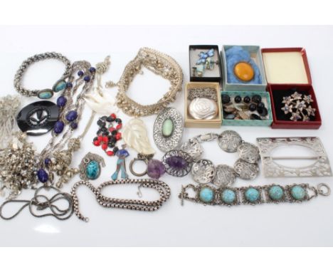 Vintage costume jewellery - including silver and white metal, carved mother of pearl bird, belt buckle, etc