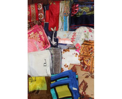 Vintage scarves - including two silk Christian Dior, silk Jean Patou, plus others, designs include wildlife, paisley, nautica