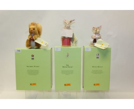 Steiff - The Mouse Tailor no. 354236, Squirrel Nutkin no. 354304 and Hunca Munca no. 661648 - all boxed, with swing labels