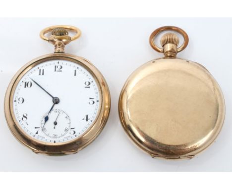 Gentlemen's gold plated full hunter pocket watch, by Elgin, with button-wind movement, white enamel dial with subsidiary seco