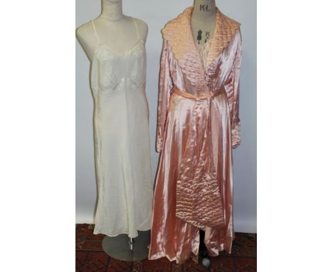 Selection of 1930s ladies' clothing - including artificial silk geometric knit top, long pink satin Bourne & Hollingsworth dr