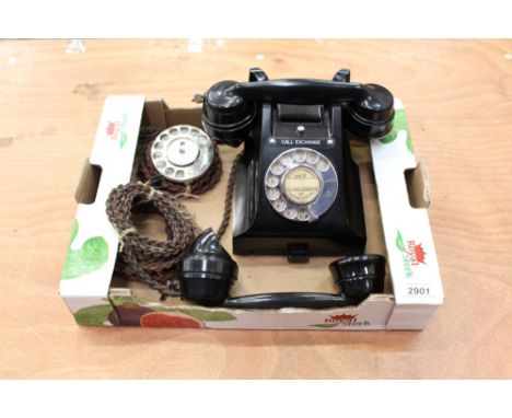 GPO black bakelite telephone, 300 series, chromed dial, slide tray, call exchange button, plus spare chrome dial, spare hands