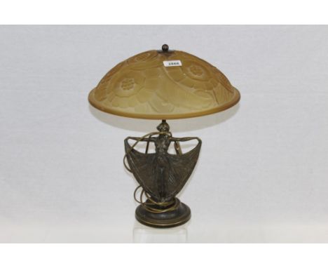 Art Deco-style table lamp with amber tinted glass shade, on brass base