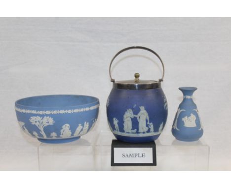 Selection of Wedgwood Jasper ware items - including biscuit barrel with plated lid, large bowl, vase, trinket box, etc (9)