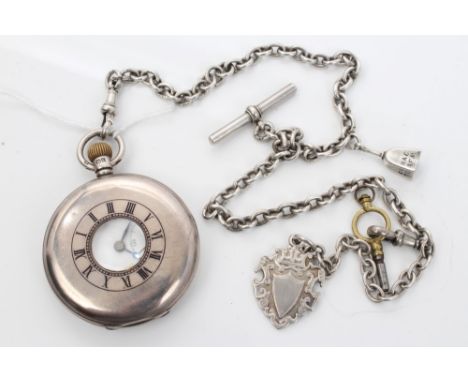 Gentlemen's silver half hunter pocket watch with button-wind movement, white enamel dial with Roman numerals and subsidiary s