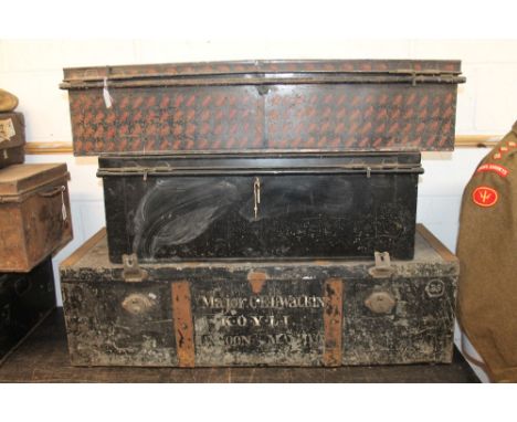19th century japanned tin British Military travelling trunk, together with two other British Military trunks (3)