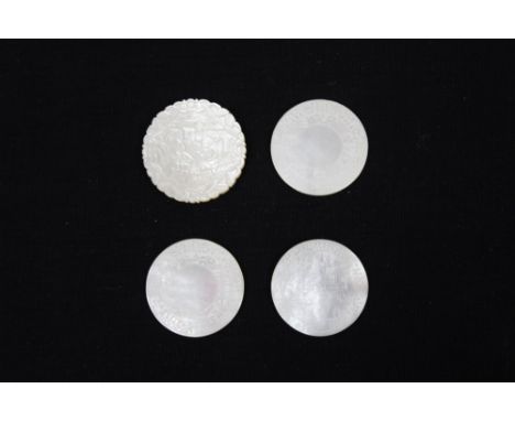 Four circular mother of pearl Chinese gaming counters with figural scenes