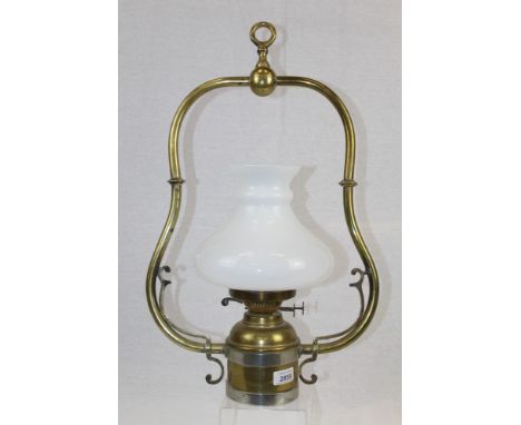Victorian brass hanging oil lamp with shade