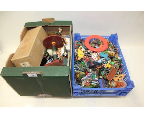 Two boxes of mostly plastic toys - including Britains Deetail models, Johillco miniature stagecoach (boxed), diecast models a
