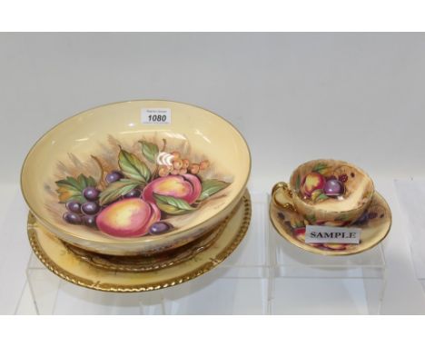 Selection of Aynsley Orchard Gold items - including cups and saucers, plates, large bowl, etc, some signed by D. Jones and N.