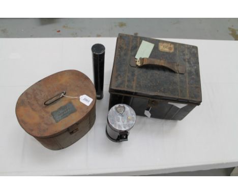 Victorian tin hat / helmet transit case, with brass plaque to lid - E. H. Hare Esq. Royal Artillery, together with a japanned