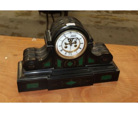 Victorian mantel clock with eight day movement by S Marti et Cie with visible escapement, enamel dial in black slate and mala
