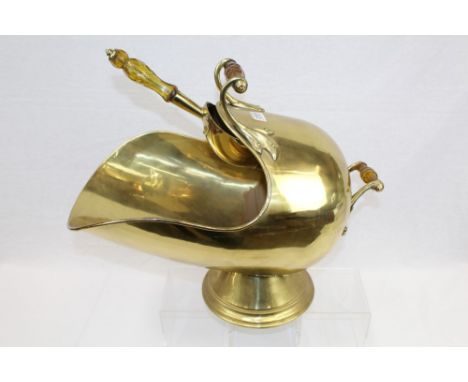 Victorian brass coal scuttle of helmet form with cut glass amber handles, together with copper preserve pan and copper skille