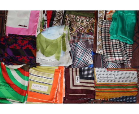 Vintage scarves - including silk Yves Saint Laurent (x 3), Christian Dior, Fiorio, Jean Patou, plus other scarves (qty)