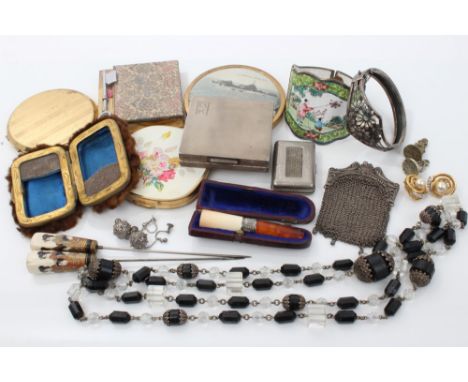 Selection - including silver engine-turned powder compact, plus others, Chinese enamelled cuff bracelet, fur-covered vesta ca