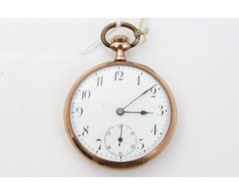 Gentlemen's gold plated open faced pocket watch with button-wind movement, white enamel dial with Arabic numerals, subsidiary