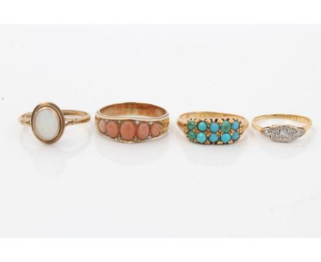 Group of four Victorian and later rings - to include gold (9ct) coral and seed pearl ring, gold (9ct) opal ring, gold (18ct) 